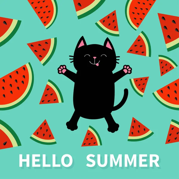 你好夏天 黑猫跳或做雪天使 西瓜切片图标切割与种子三角形水果切割 可爱的卡通人物 图案绿色背景 平面设计 矢量插图 — 图库矢量图片