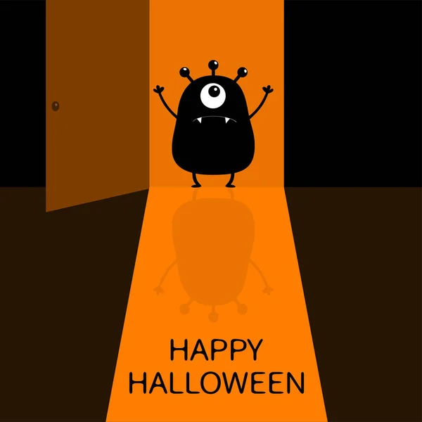 Fröhliches Halloween Schreiende Monstersilhouette Die Vor Der Tür Steht Ein — Stockvektor