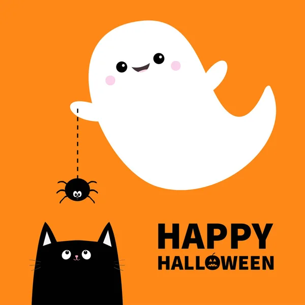 Veselý Halloween Létající Přízrak Duch Drží Linie Pavučina Dash Boo — Stockový vektor