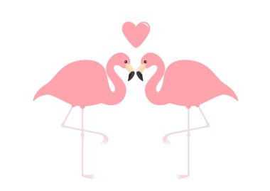 Flamingo pembe kalp çift. Egzotik tropik kuş. Hayvanat Bahçesi hayvan koleksiyonu. Sevimli çizgi film karakteri. Sevgi tebrik kartı. Düz tasarım. Sevgililer günü sembolü. Beyaz arka plan vektör çizim