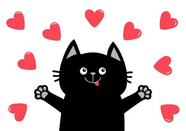 黒い猫頭顔 手の足を印刷します ハートのアイコンを設定します 幸せなバレンタインデー 愛のカードです かわいい漫画の面白いキャラクター かわいいペット 白い背景 フラットなデザイン ベクトル図 — ストックベクタ