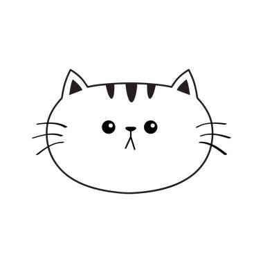 Doğrusal kedi üzgün kafa siluet simge yüz. Kontur çizgisi. Sevimli çizgi kitty karakter. Kawaii hayvan. Komik bebek kedi yavrusu. Sevgi tebrik kartı. Düz tasarım. Beyaz arka plan göl kenarında. Vektör