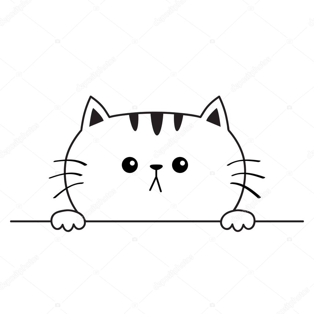 Cat sad head face icon. Hands paw holding table line. Contour silhouette . Cute cartoon kitty character. Kawaii animal. Funny baby kitten. Love card. Flat design. White background Isolated. Vector