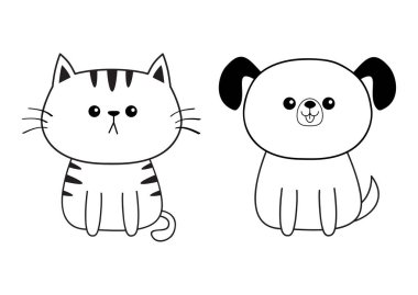 Doğrusal köpek kedi yüz baş siluet simge. Kontur çizgisi. Sevimli çizgi Pooch kitty karakter oturuyor. Kawaii hayvan. Komik bebek köpek yavrusu yavru kedi. Sevgi tebrik kartı. Düz tasarım. Beyaz arka plan. Vektör