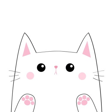 Beyaz kedi baş yüz siluet. Siyah kontur. Yazdırma el pençe. Pembe allık yanakları. Komik Kawaii üzgün hayvan. Bebek kartı. Sevimli çizgi komik karakter. Evde beslenen hayvan koleksiyonu. Düz beyaz arka plan tasarım. Vektör
