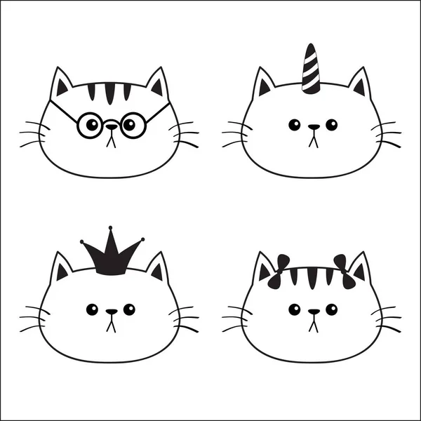 Linear Cat Head Face Silhouette Icon Set Contour Line Crown — Stock Vector