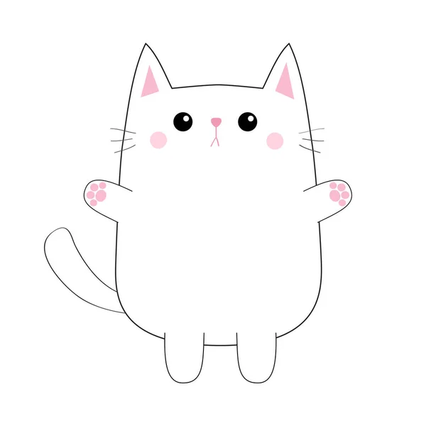 白いかわいい悲しい猫赤ちゃん子猫 ピンクの足印刷手抱擁 頬を赤面します 輪郭のシルエット かわいい動物 キティの漫画のキャラクター 変な顔 グリーティング カードが大好きです フラットなデザイン — ストックベクタ