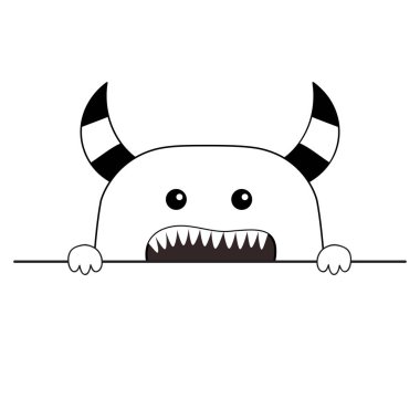 Canavar korkutucu yüz baş simgesi. Ellerini tutarak satır pençe. Boynuzları, fang diş. Sevimli çizgi ürkütücü karakteri boo. Kontur siluet. Kawaii komik bebek. Cadılar Bayramınız Kutlu Olsun. Düz tasarım. Beyaz arka plan vektör