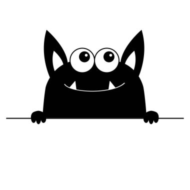 Canavar korkutucu yüz baş simgesi. Ellerini tutarak satır pençe. Gözleri kulakları fang diş. Sevimli çizgi boo ürkütücü karakteri siyah siluet. Kawaii komik bebek. Cadılar Bayramınız Kutlu Olsun. Düz tasarım. Beyaz arka plan vektör