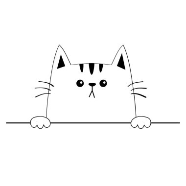 Kedi baş üzgün yüz simgesi. Tablo satır tutan el pençe. Sevimli çizgi kitty karakter. Kontur siluet. Kawaii hayvan. Komik bebek kedi yavrusu. Aşk kartı. Düz tasarım. Beyaz arka plan göl kenarında. Vektör