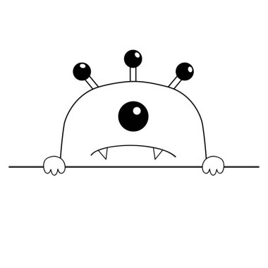 Canavar korkutucu yüz baş simgesi. Ellerini tutarak satır pençe. Bir gözün, fang diş. Sevimli çizgi ürkütücü karakteri kontur siluet boo. Kawaii komik bebek. Cadılar Bayramınız Kutlu Olsun. Düz tasarım beyaz arka plan vektör