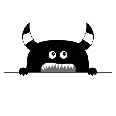 Canavar korkutucu yüz baş simgesi. Ellerini tutarak satır pençe. Boynuzları, fang diş. Sevimli çizgi ürkütücü karakteri boo. Siyah siluet. Kawaii komik bebek. Cadılar Bayramınız Kutlu Olsun. Düz tasarım. Beyaz arka plan vektör