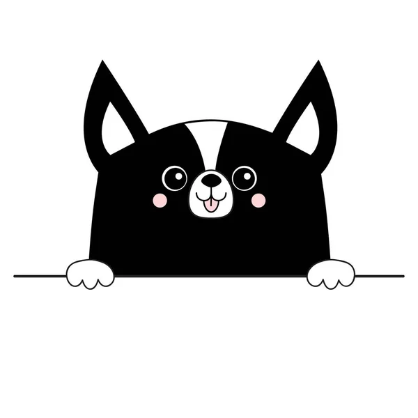 コーギー犬の幸せそうな顔頭アイコン 手の足が保持するテーブル行 犬のかわいい漫画のキャラクター 輪郭の黒シルエット かわいい動物 面白い赤ちゃんの子犬 愛のカードです フラットなデザイン 白い背景ベクトル — ストックベクタ