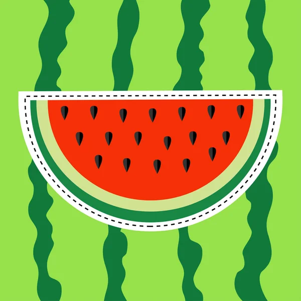 Watermeloen Segment Sticker Pictogram Dash Lijn Snijd Helft Zaden Rood — Stockvector