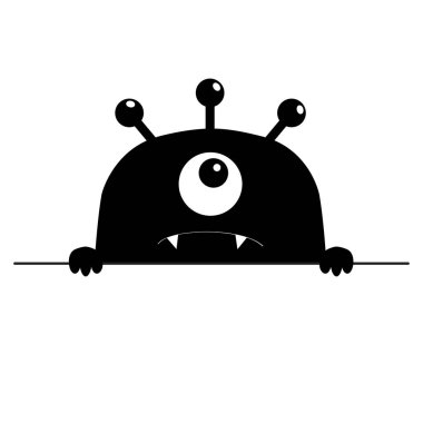 Canavar korkutucu yüz baş simgesi. Ellerini tutarak satır pençe. Bir gözün, fang diş. Sevimli çizgi ürkütücü karakteri boo. Siyah siluet. Kawaii komik bebek. Cadılar Bayramınız Kutlu Olsun. Düz tasarım. Beyaz arka plan vektör