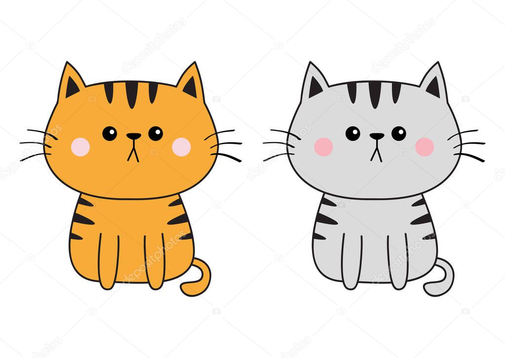 Gray orange red cat sad head face silhouette set. Contour line. Cute cartoon sitting kitty character. Kawaii animal. Funny baby kitten. Love card. Flat design. White background Isolated. Vector