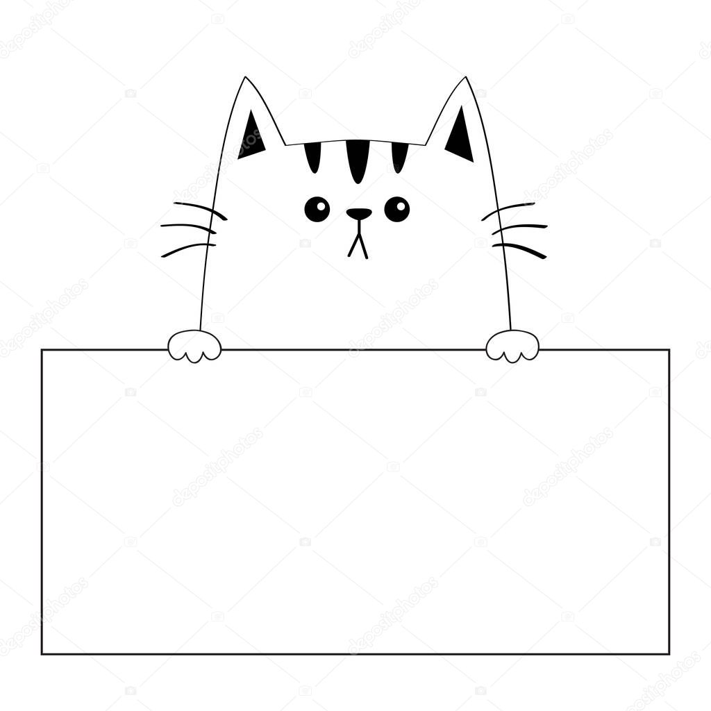 Cat face head silhouette hanging on paper board template. Paw hands. Contour line. Funny baby kitten. Cute cartoon kitty character. Love card. Kawaii animal. Flat design. White background Vector