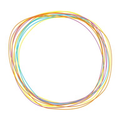 El çekilmiş yuvarlak daire karalama çerçeve. Düz tasarım öğeleri. Renkli tükenmez kalem koleksiyonu. Beyaz arka plan. İzole. Vektör çizim