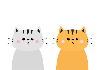 Gri turuncu kırmızı kedi üzgün kafa siluet simge seti yüz. Sevimli çizgi kitty karakter. Arkadaşlar Kawaii hayvan. Komik bebek kedi yavrusu. Aşk kartı. Düz tasarım. Beyaz arka plan göl kenarında. Vektör çizim