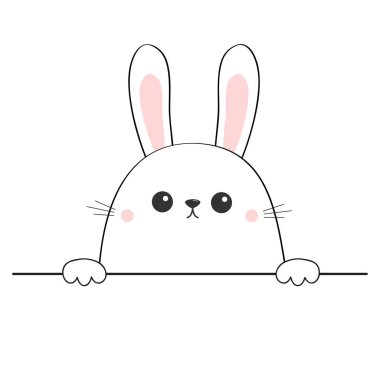 Tavşan mutlu yüz baş simgesi. Tablo satır tutan el pençe. Sevimli çizgi film tavşan karakteri. Kontur siluet. Kawaii hayvan. Komik bebek. Aşk kartı. Düz tasarım. İzole beyaz arka plan. Vektör