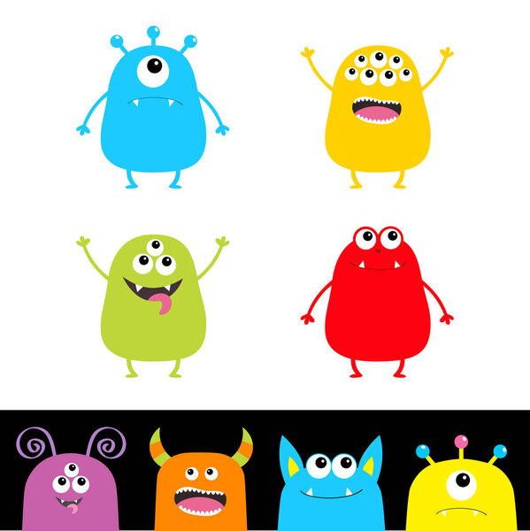 Colorful monster silhouette set. Head face. Cute cartoon scary character. Baby collection. Eyes, tongue, hands up. White black background Isolated. Happy Halloween card Flat design Vector illustration