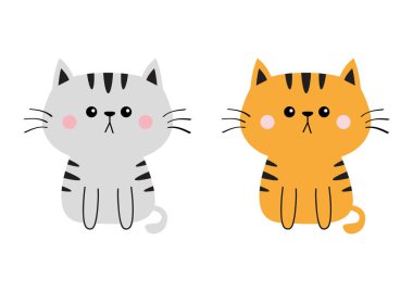 Gri Orange kedi üzgün baş yüz siluet küme. Sevimli çizgi Kitty karakter oturuyor. Kawaii hayvan. Komik bebek kedi yavrusu. Sevgi tebrik kartı. Düz tasarım. Beyaz arka plan göl kenarında. Vektör çizim