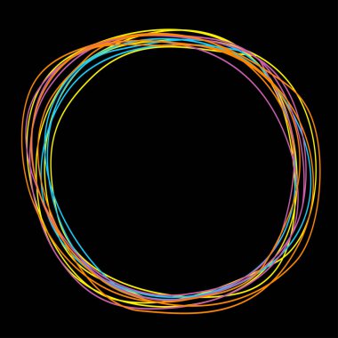 El çekilmiş yuvarlak daire karalama çerçeve. Düz tasarım öğeleri. Renkli tükenmez kalem koleksiyonu. Siyah arka plan. İzole. Vektör çizim