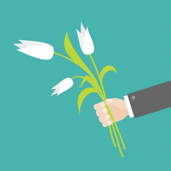 Empresário Mão Segurando Buquê Flores Tulipa Branca Design Plano Fundo —  Vetores de Stock