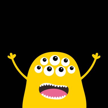 Canavar korkunç çığlık yüz baş simgesi. Gözler, fang diş, dil, eller yukarı. Sevimli çizgi boo ürkütücü karakteri sarı siluet. Kawaii komik bebek. Cadılar Bayramınız Kutlu Olsun. Düz tasarım siyah vektör arka plan