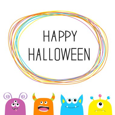 Cadılar Bayramınız Kutlu Olsun. Renkli canavar siluet baş yüz ayarlayın. Sevimli çizgi film korkunç karakteri. Bebek koleksiyonu. Gözler, dil, boynuzları. Çerçeve karalamak. Beyaz arka plan göl kenarında. Düz tasarım. Vektör