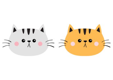 Gri turuncu kırmızı kedi üzgün kafa siluet simge seti yüz. Sevimli çizgi kitty karakter. Kawaii hayvan. Komik bebek kedi yavrusu. Aşk kartı. Düz tasarım. Beyaz arka plan göl kenarında. Vektör çizim