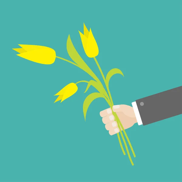Ділова Рука Тримає Букет Жовтих Квітів Тюльпанів Плоский Дизайн Ізольовані — стоковий вектор
