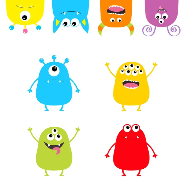 Colorful Monster Silhouette Set Hanging Upside Head Face Cute Cartoon — Stock Vector