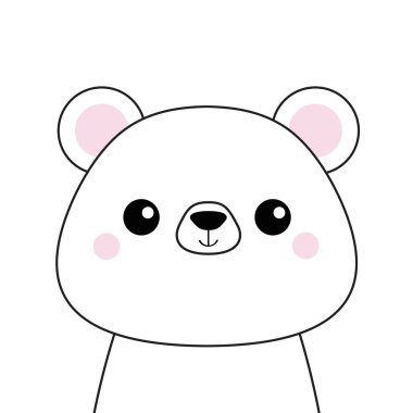 Beyaz ayı yüz. Siyah kontur siluet. Kawaii hayvan. Kır saçlı Sevimli çizgi film karakteri. Komik bebek gözleri, burnu, kulakları pembe yanaklar. Sevgi tebrik kartı düz tasarım beyaz izole vektör arka plan