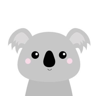 Koala yüz başı. Gri siluet. Kawaii hayvan. Sevimli çizgi ayı karakter. Komik bebek gözleri, burnu, kulakları ile. Sevgi tebrik kartı. Düz tasarım. Beyaz arka plan göl kenarında. Vektör