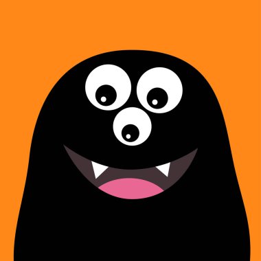 Gülümseyen canavar baş siluet. Thtee gözleri, dişler, dil. Siyah komik sevimli çizgi film karakteri. Bebek koleksiyonu. Mutlu Cadılar Bayramı kartı. Düz tasarım. Turuncu arka plan. Vektör çizim