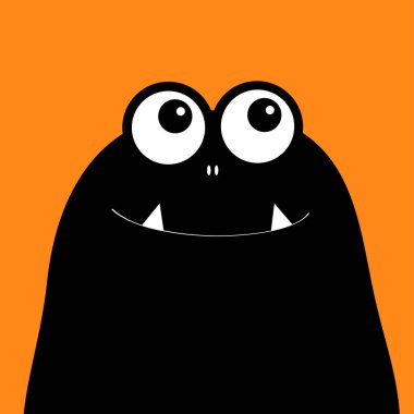 Canavar baş siluet. İki göz, diş, fang. Siyah komik sevimli çizgi film karakteri. Mutlu Cadılar Bayramı kartı. Bebek koleksiyonu. Düz tasarım. Turuncu arka plan. Vektör çizim