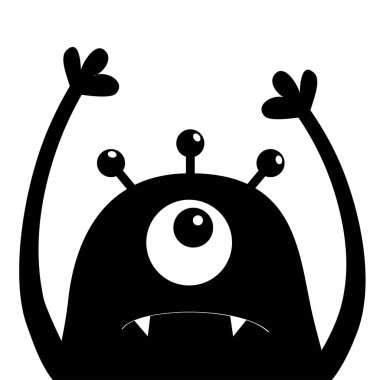 Canavar baş siluet. Bir göz, diş, diş, eller yukarı. Siyah komik sevimli çizgi film karakteri bebek koleksiyonu. Mutlu Cadılar Bayramı kartı. Düz tasarım. Beyaz arka plan. İzole. Vektör çizim