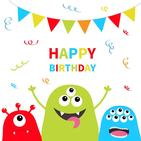 Happy Birthday Three Monster Silhouette Set Head Face Triangle Paper — Stock Vector