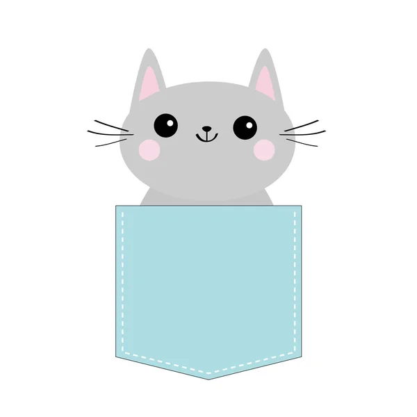 青ポケットに猫 かわいい漫画のキャラクター 灰色の子猫笑顔 ペット動物コレクション 赤ちゃんデザインした シャツ 白い背景 分離されました フラットのベクトル図 — ストックベクタ