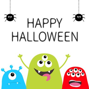 Cadılar Bayramınız Kutlu Olsun. Üç canavar siluet küme. Baş yüz. Örümcek böcek çizgi çizgi web üzerinde asılı. Sevimli çizgi film korkunç karakteri. Mavi arka plan. İzole. Düz tasarım. Vektör çizim