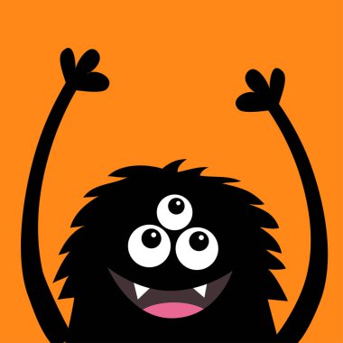 Gülümseyen canavar baş siluet. Thtee gözleri, dişler, dil, kabarık saç, eller yukarı. Siyah komik sevimli çizgi film karakteri. Bebek koleksiyonu. Mutlu Cadılar Bayramı kartı. Düz tasarım. Turuncu arka plan. Vektör