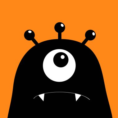 Canavar baş siluet. Bir göz, diş, fang. Siyah komik sevimli çizgi film karakteri. Bebek koleksiyonu. Mutlu Cadılar Bayramı kartı. Düz tasarım. Turuncu arka plan. İzole. Vektör çizim