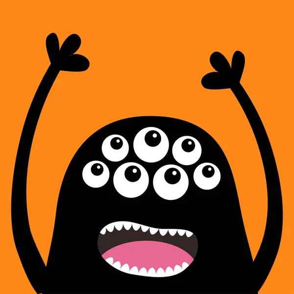 Screaming Monster Head Silhouette Many Eyes Teeth Tongue Hands Black — Stock Vector