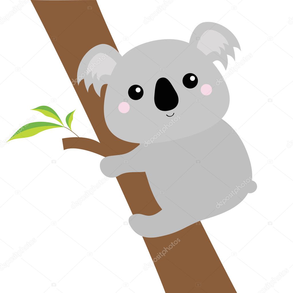 Koala face head hanging on eucalyptus tree. Gray silhouette. Kawaii animal. Cute cartoon bear character. Funny baby with eyes, nose, ears. Love Greeting card. Flat design. White background Vector