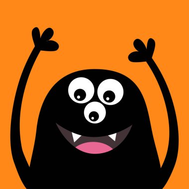 Gülümseyen canavar baş siluet. Thtee gözleri, dişler, dil, eller yukarı. Siyah komik sevimli çizgi film karakteri. Bebek koleksiyonu. Mutlu Cadılar Bayramı kartı. Düz tasarım. Turuncu arka plan. Vektör çizim