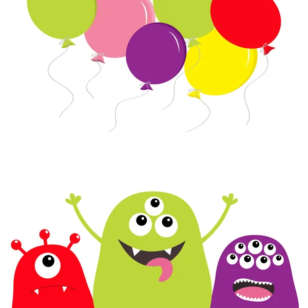 Drie Monster Silhouet Set Hoofd Gezicht Vliegende Ballonnen Schattige Cartoon — Stockvector