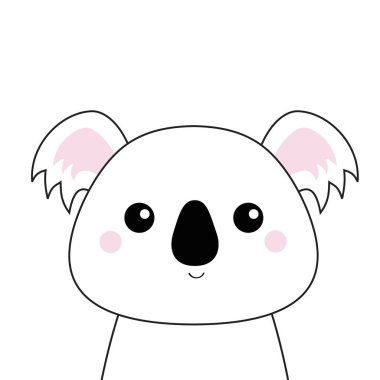 Beyaz koala yüz. Siyah kontur siluet. Kawaii hayvan. Sevimli çizgi ayı karakter. Komik bebek gözleri, burnu, kulakları ile. Sevgi tebrik kartı. Düz tasarım. Beyaz arka plan göl kenarında. Vektör