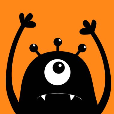 Canavar baş siluet. Bir göz, diş, diş, eller yukarı. Siyah komik sevimli çizgi film karakteri bebek koleksiyonu. Mutlu Cadılar Bayramı kartı. Düz tasarım. Turuncu arka plan. İzole. Vektör çizim