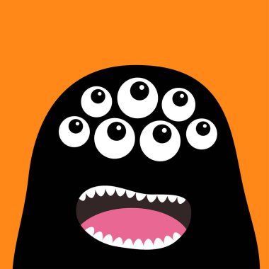 Canavar baş siluet çığlık. Birçok gözler, dişler, dil. Siyah komik sevimli çizgi film karakteri. Bebek koleksiyonu. Mutlu Cadılar Bayramı kartı. Düz tasarım. Turuncu arka plan. Vektör çizim